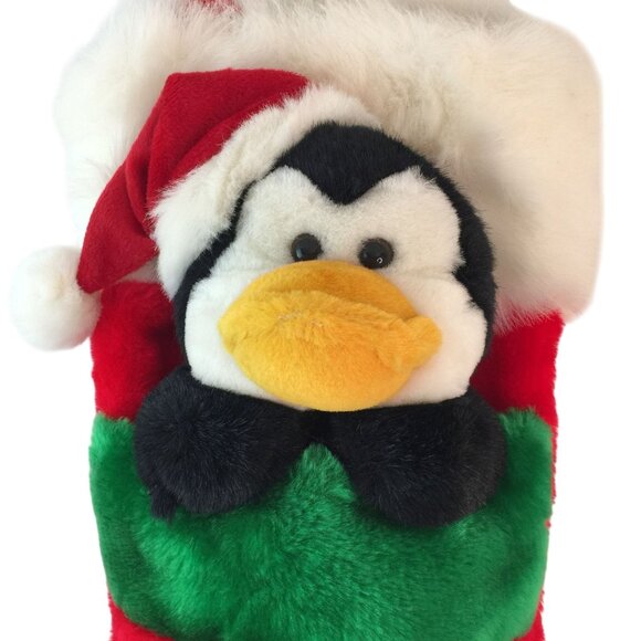 Vintage Prima Creations Penquin Plush Christmas Stocking 3D Green Red - Picture 2 of 5